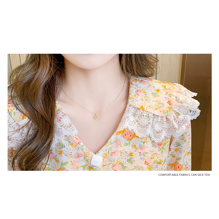 Fashion Korean Chiffon Floral Long Sleeve Shirts Orange Green Women Blouse Tops Pakaian Serban