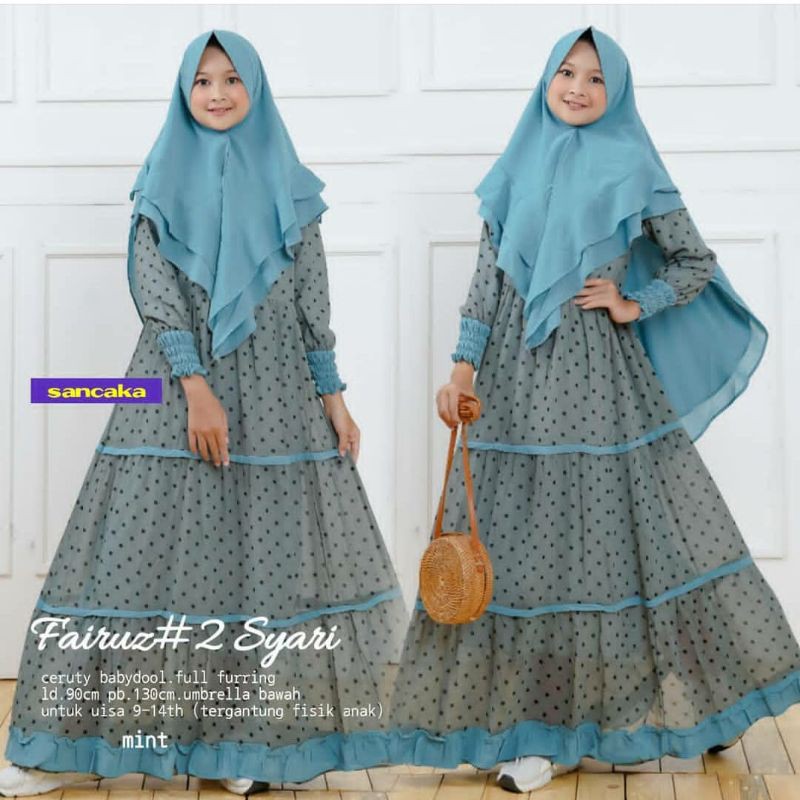 SL Fairuz II Syari Kids/gamis anak/gamis remaja/gamis usia 9-14 tahun/gamis polkadot/gamis ceruty