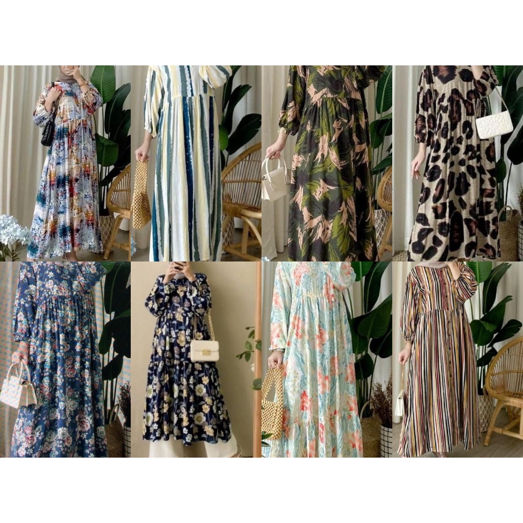 TROPICAL FLOWERS DRESS - 7/8 GAMIS - MIDI DRES MOTIF Pakaian Wanita Murah Premium Suplier Tangan Pertama Agen Solo Baju Lebaran