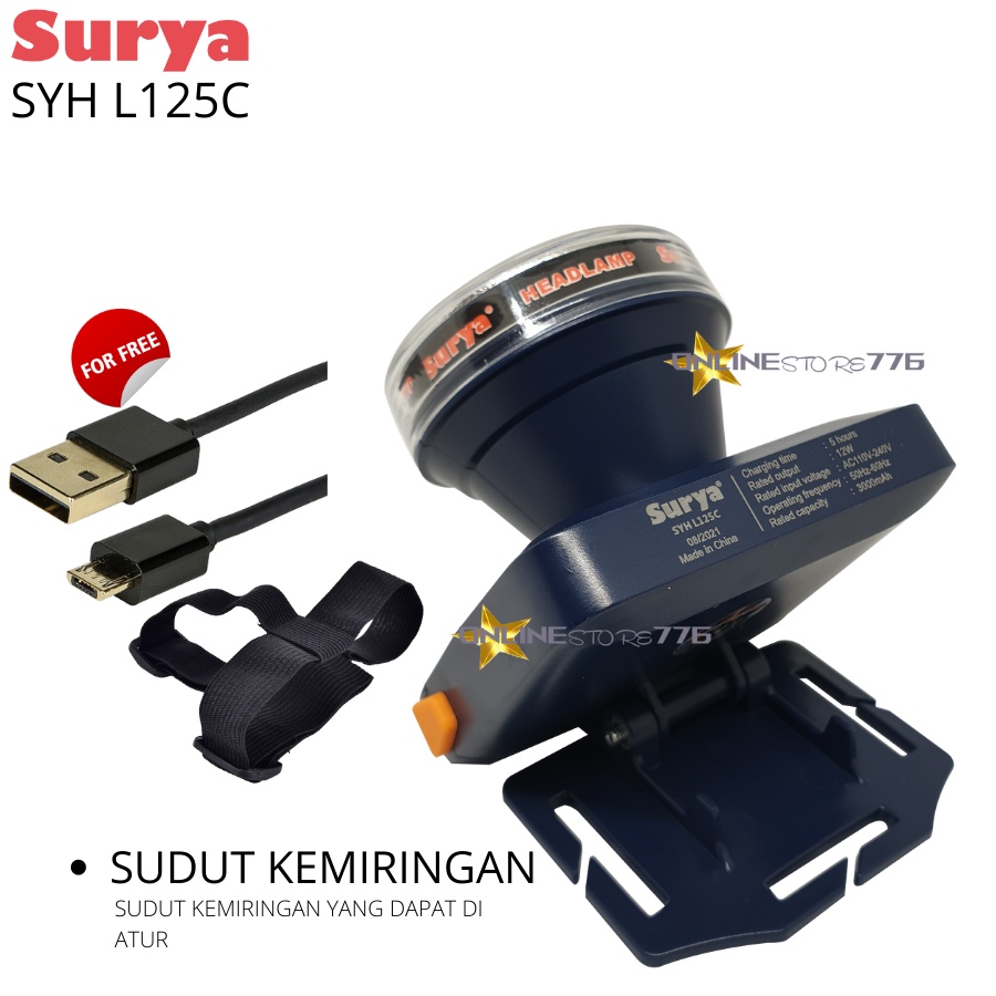 SENTER KEPALA / SENTER KEPALA SURYA SYH L125C / HEADLAMP SURYA SYH L125C / SENTER KEPALA RECHARGEABLE / SENTER KEPALA SURYA / CAHAYA PUTIH / 12WATT TAHAN 20 JAM