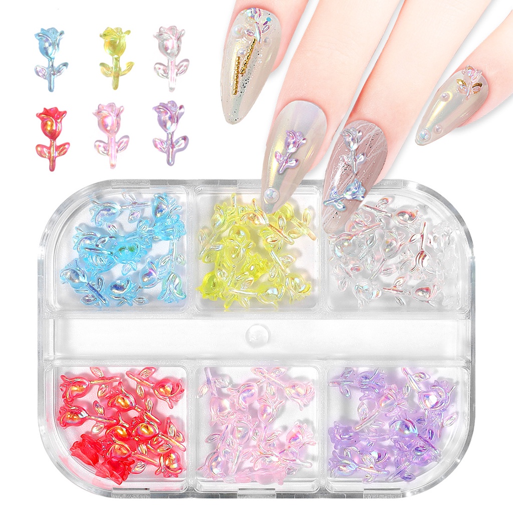 6 Sekat / Kotak Bunga Mawar Resin 3d Multiwarna Dekorasi Nail Art / Manicure Diy  kuku dekorasi