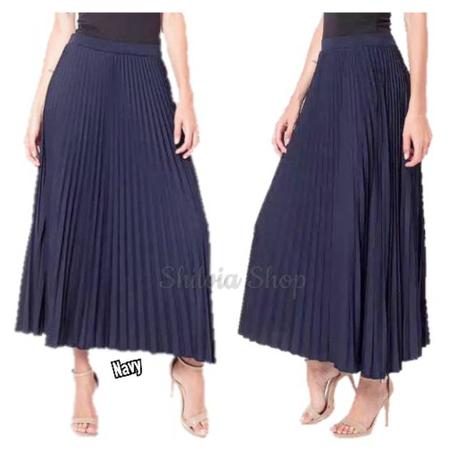 Rok Plisket Polos Warna Navy Berkualitas, Rok Plisket Panjang Hijabers Terlaris, Rok Plisket Jersey