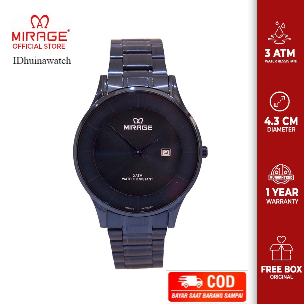 Jam tangan Tipis Pria Original Mirage Garansi 1 tahun Stainless Steel 8670M Biru Blue Navy