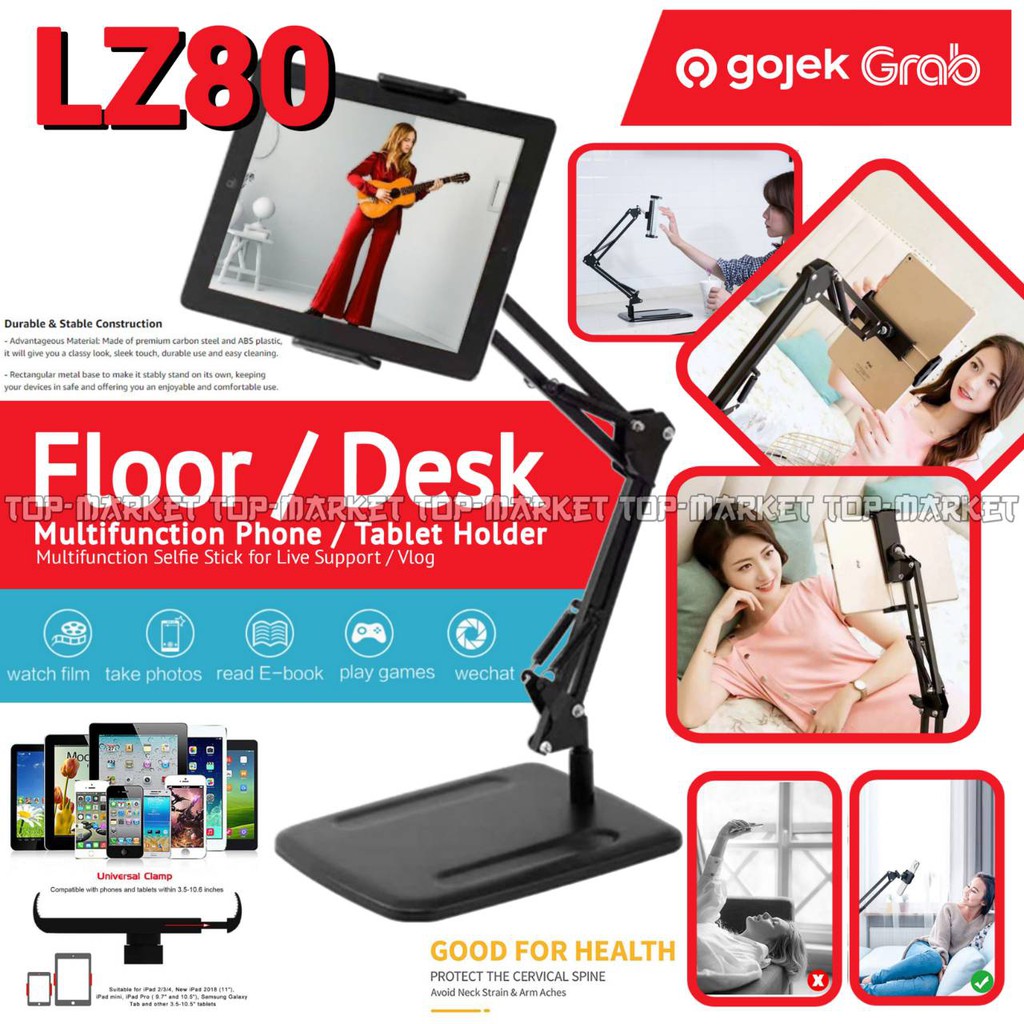 LZ80 Lazypod Besi Stand Metal for Smartphone HP / Tablet Ipad Holder 10.5" (Kasur / Meja / Lantai)