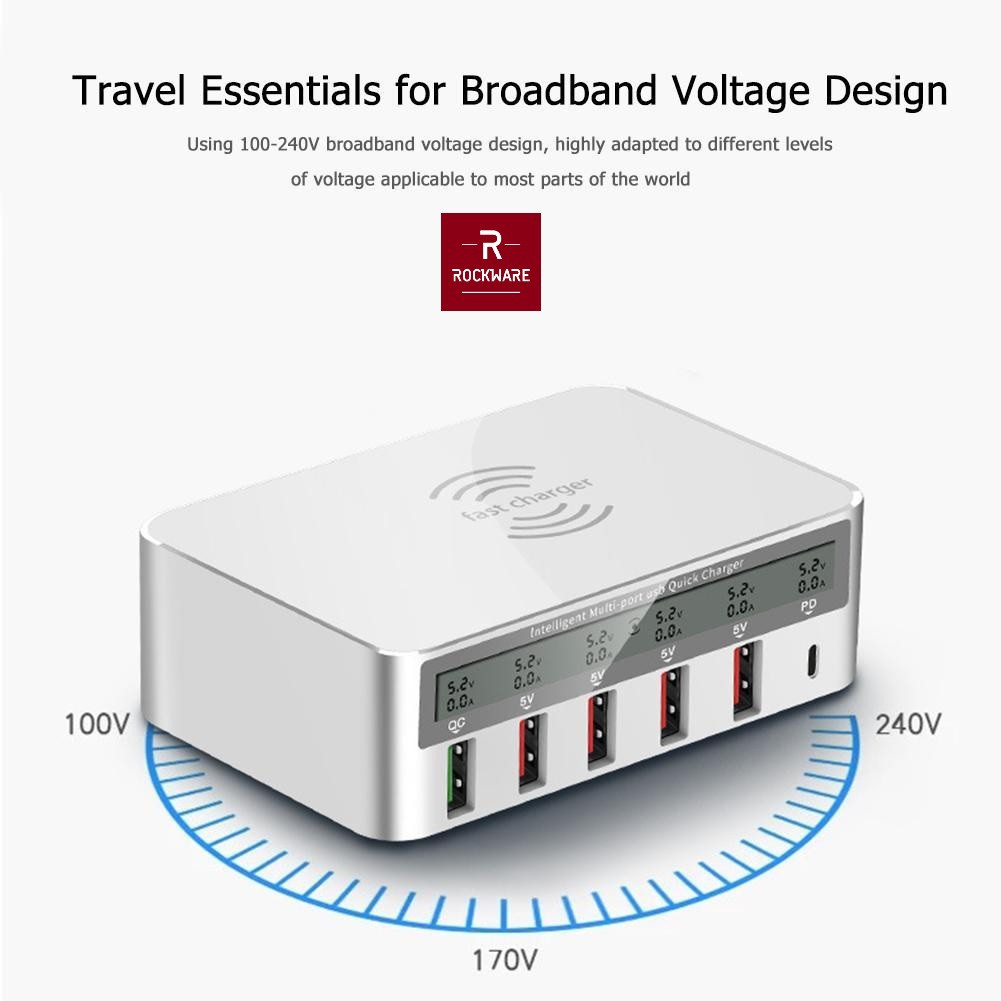 ROCKWARE 818PF Charger 5 USB-A and 1 PD 18W Wireless Charge - 100W 8A - Charger Multiport Universal