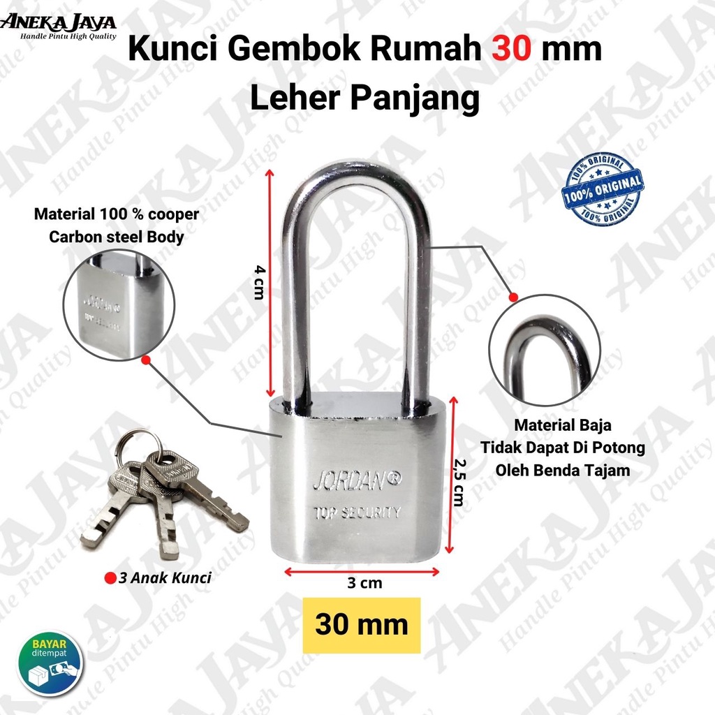 Gembok Rumah 30 mm Pagar Loker  Laci Toko Rantai / Leher Panjang / Murah Bagus