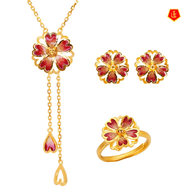 [Ready Stock]Golden New Personality Cherry Blossom Set Rings Necklace Ear Stud