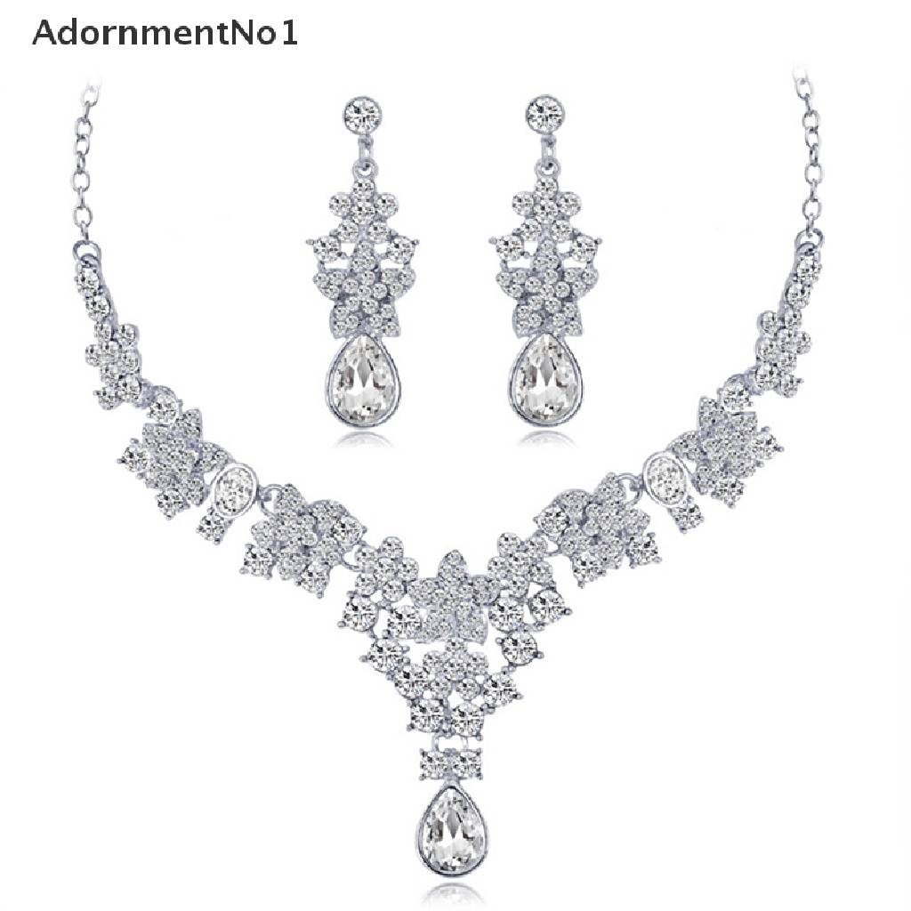 (AdornmentNo1) Set Kalung + Anting Tusuk Gantung Wanita Desain Tetesan Air Hias Kristal Gaya Elegan Untuk Pesta / Nikah