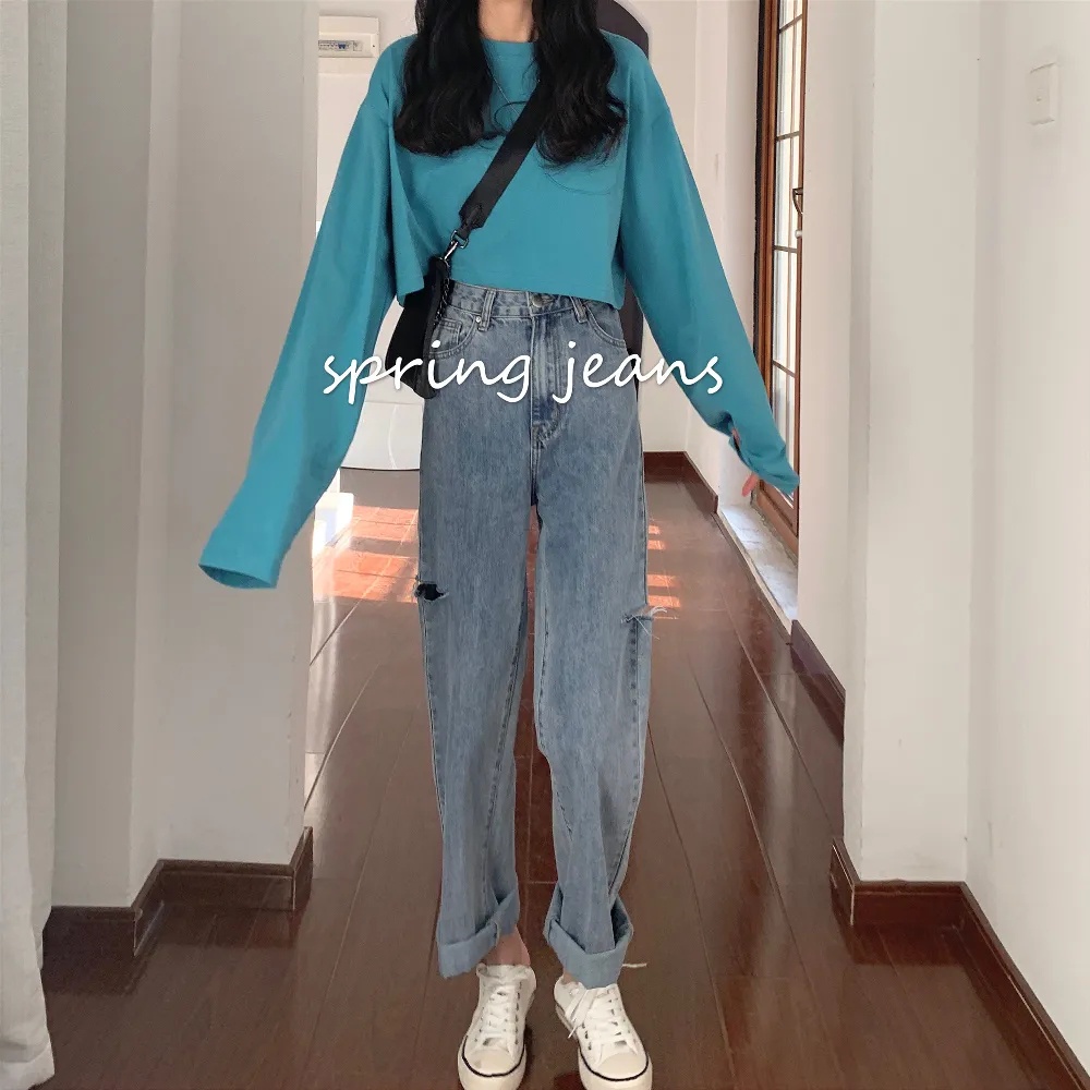 Ukuran Jumbo korean style new lubang biru muda kekinian high waist celana jeans panjang wanita