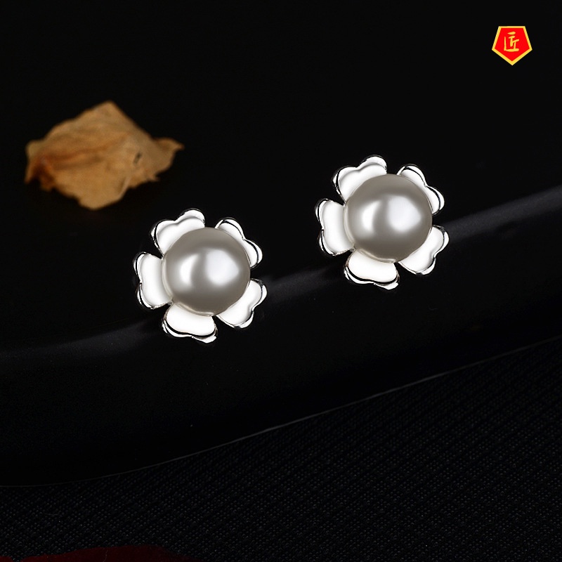 [Ready Stock]Korean Style Elegant Flower Pearl Stud Earrings High-End