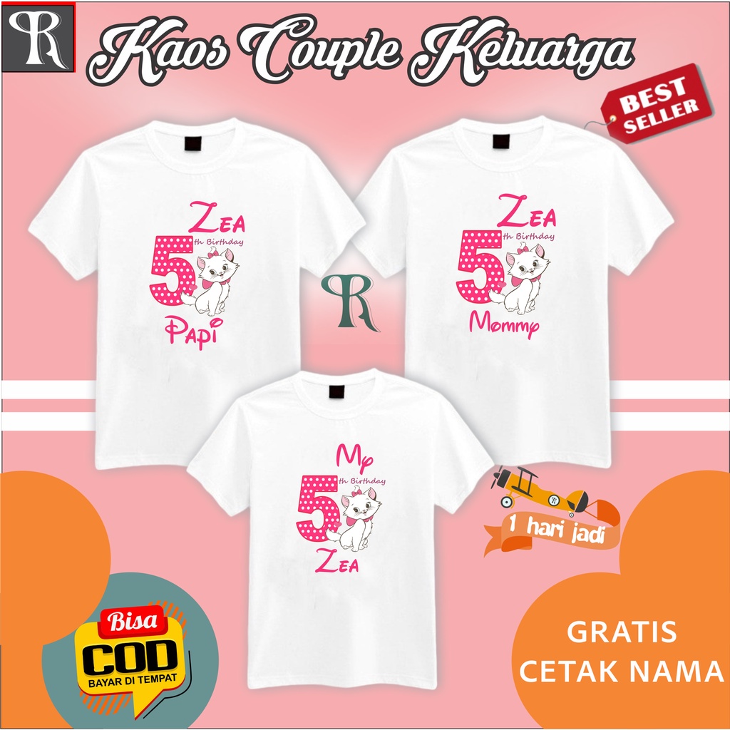 BAJU KAOS COUPLE KELUARGA | KAOS CUSTOM FAMILY CUSTOM ULANG TAHUN TEMACAT MARIE -BISA REQUEST TULISA
