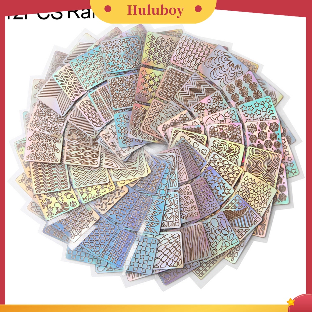 Huluboy Huluboy♡ 12 Lembar Cetakan Stempel Kuku Motif Garis Gelombang Hollow Untuk Manicure