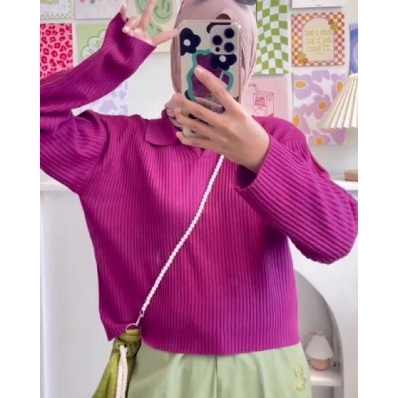 RAJUT BLOUSE POLO / CROP TOP LOLA / SWEATER RAJUT POLO / PAKAIAN RAJUT WANITA