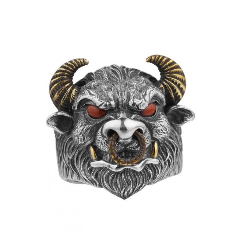 Cincin Bentuk Kepala Banteng Gaya Punk Goth Adjustable Untuk Pria