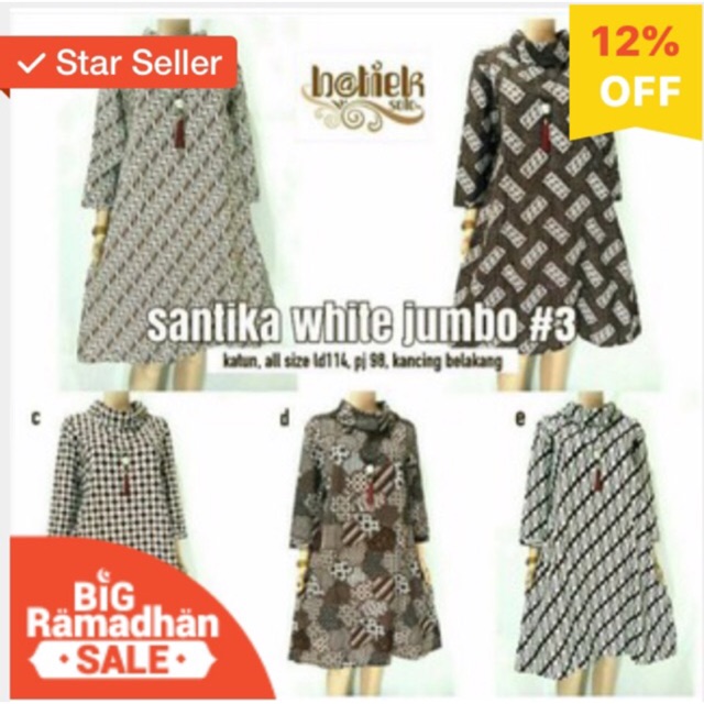 TUNIK SANTIKA WHITE JUMBO 3 BATIK SERAGAM KANTOR KERJA MODERN TUNIC BATIK LD 120 XXXL BIG SIZE BESAR
