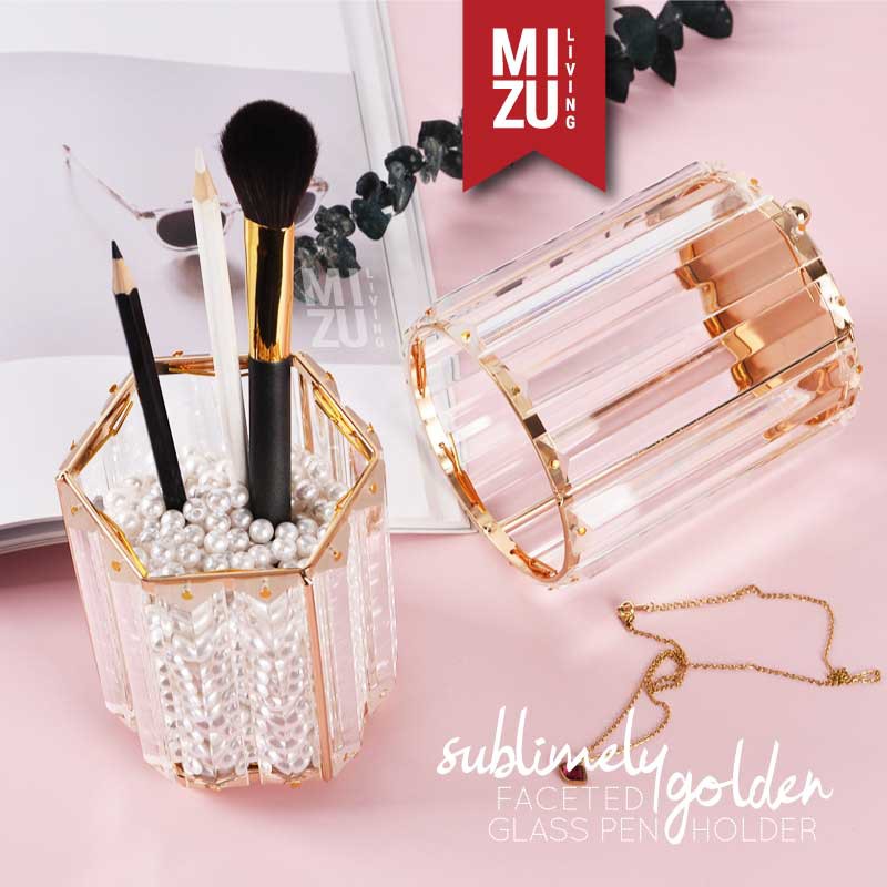 SUBLIMELY GOLDEN FACETED GLASS Pen Holder Glass Stationery Stand Tempat Pensil Alat Tulis Kaca Emas