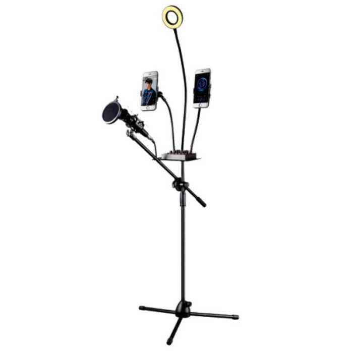 Microphone Stand Holder Tripod 2x Smartphone Holder &amp; Ring Light -BR26