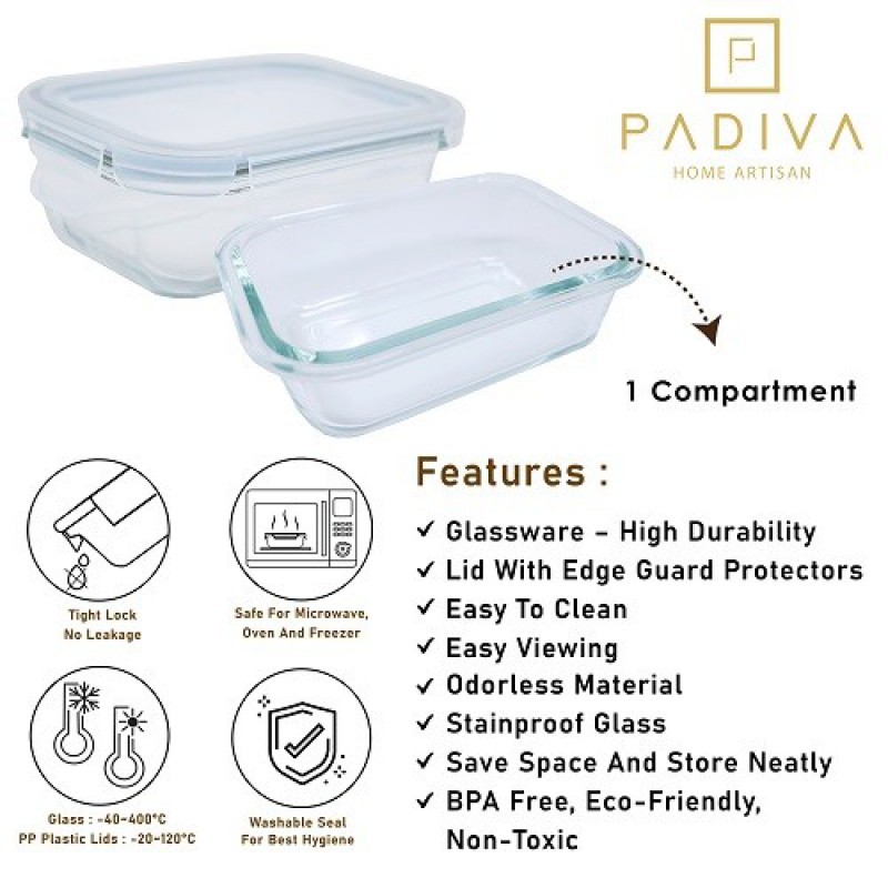 Padiva Glassbox 1 Compartment Glass Container 2 Pcs - 370 ml