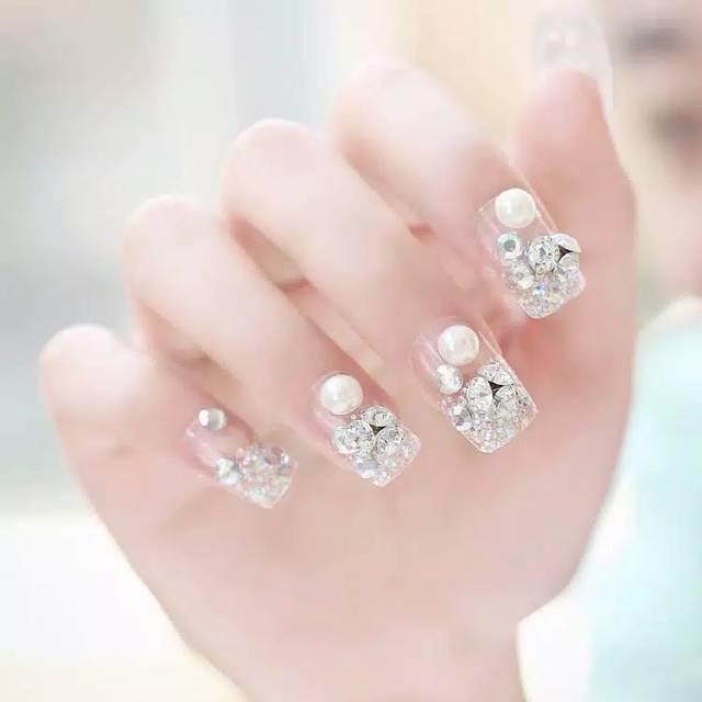 (GRP - GRPO) Wedding fake nail Gliter Rhinestone Pearl kuku palsu pernikahan hias 3D