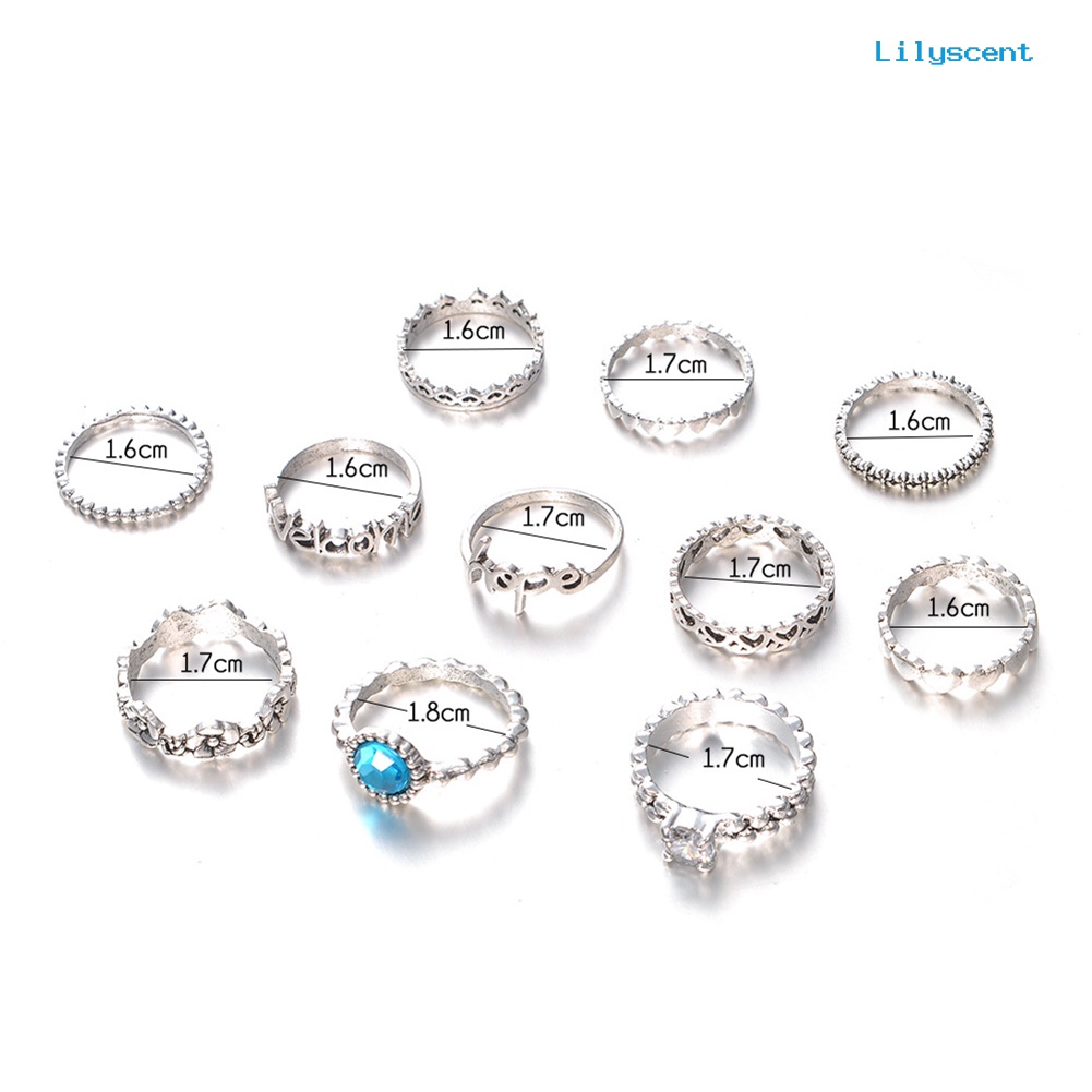 11pcs / Set Cincin Knuckle Desain Hati Hollow Aksen Zirkon Untuk Wanita