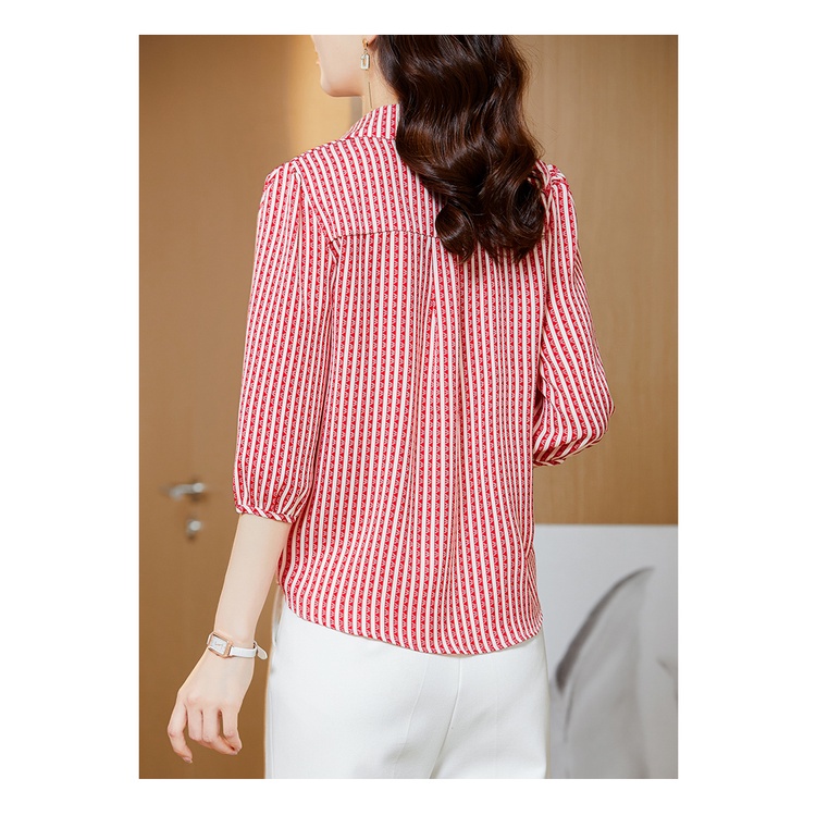 COD 2022 New Fashion Korean Style Red Black Stripes Women Blouse Summer 3/4 Sleeve Length Shirts Tops 2023t Kemeja Korean Style Wanita Kemeja Kerja Wanita