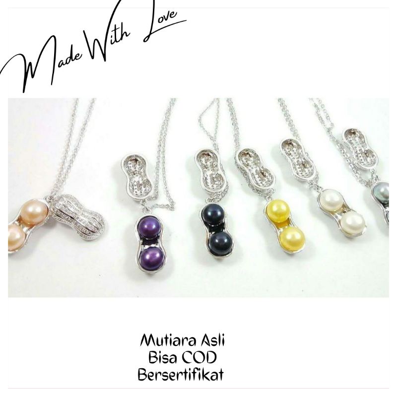 Kalung liontin kacang rangka rhodium mutiara asli lombok