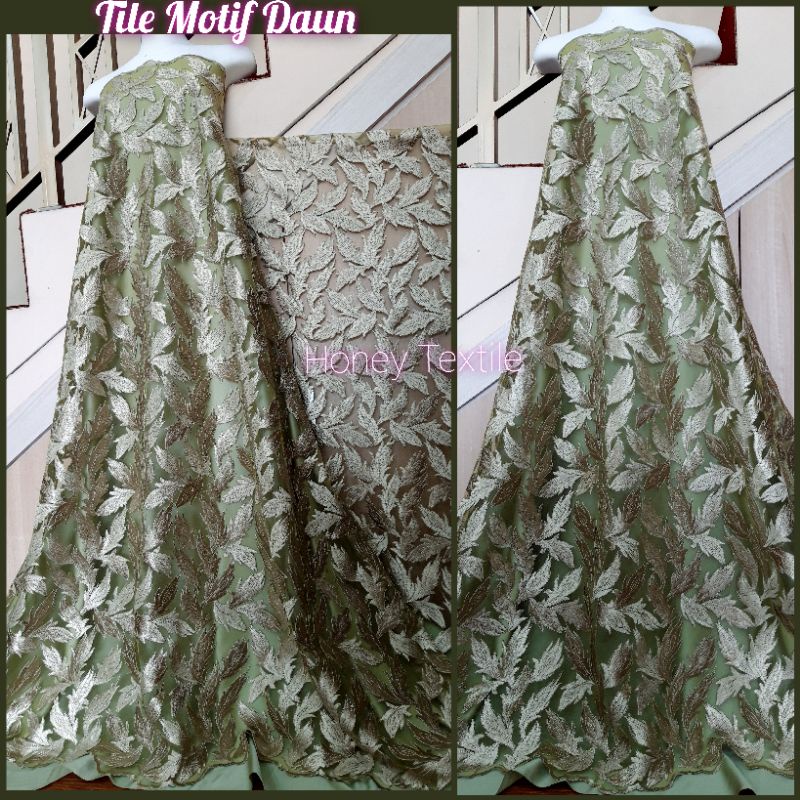 Kain Tile/Tulle England Motif Daun, kain tile Brokat,tile mutiara, tile polos, tile bordir, tile gam