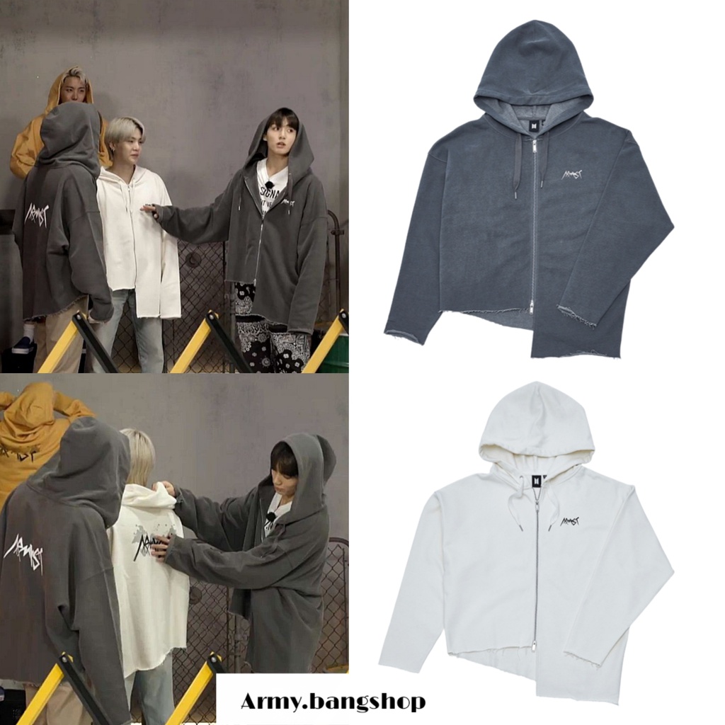 Zip-Up Hoody BTS Jungkook ARMYST Abu-Abu Putih Ukuran 3XL Oversize
