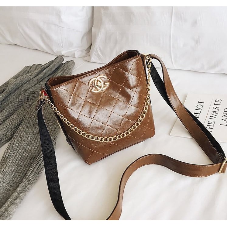 tas selempang coklat model bucket lucu unik wanita model branded murah