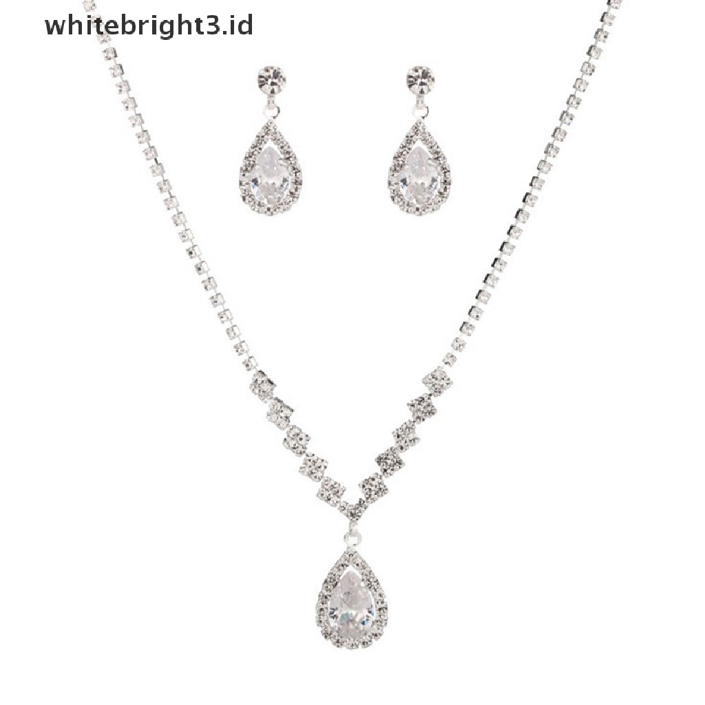 (whitebright3.id) Set Kalung + Anting Tusuk Gantung Bentuk Tetesan Air Aksen Kristal Imitasi Untuk Wanita