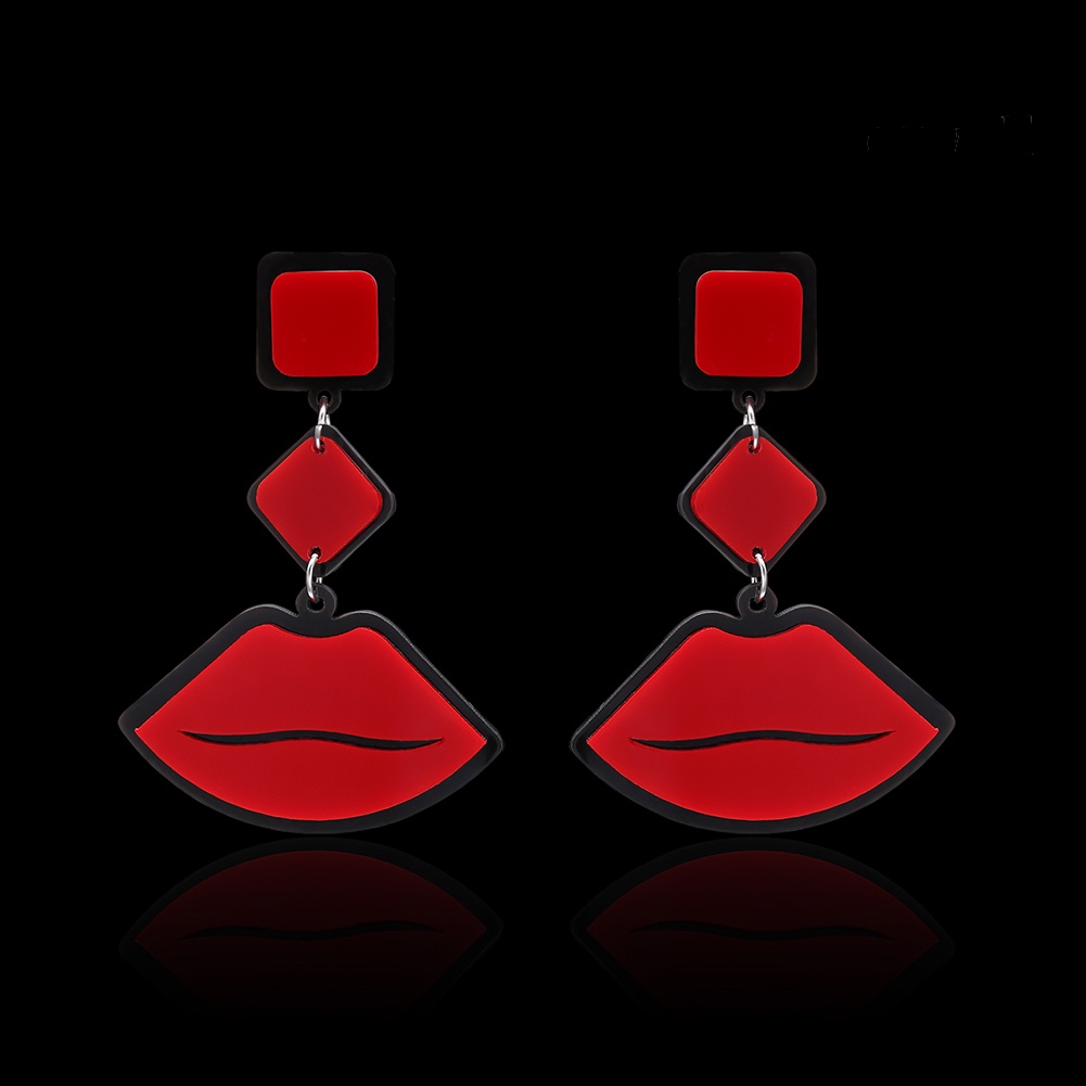 OW@ Women Vintage Red Lips Shape Pendant Dangle Stud Earrings Celebrity Jewelry