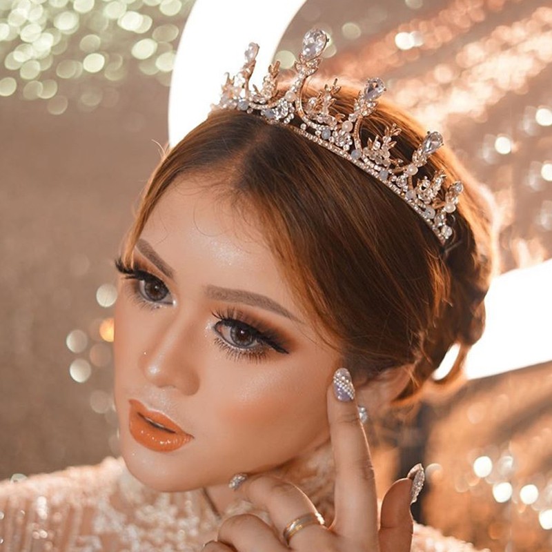 [Bayar Di Tempat]Tiara Mahkota Kristal Berlian Imitasi Warna Emas untuk Pengantin Wanita NEW