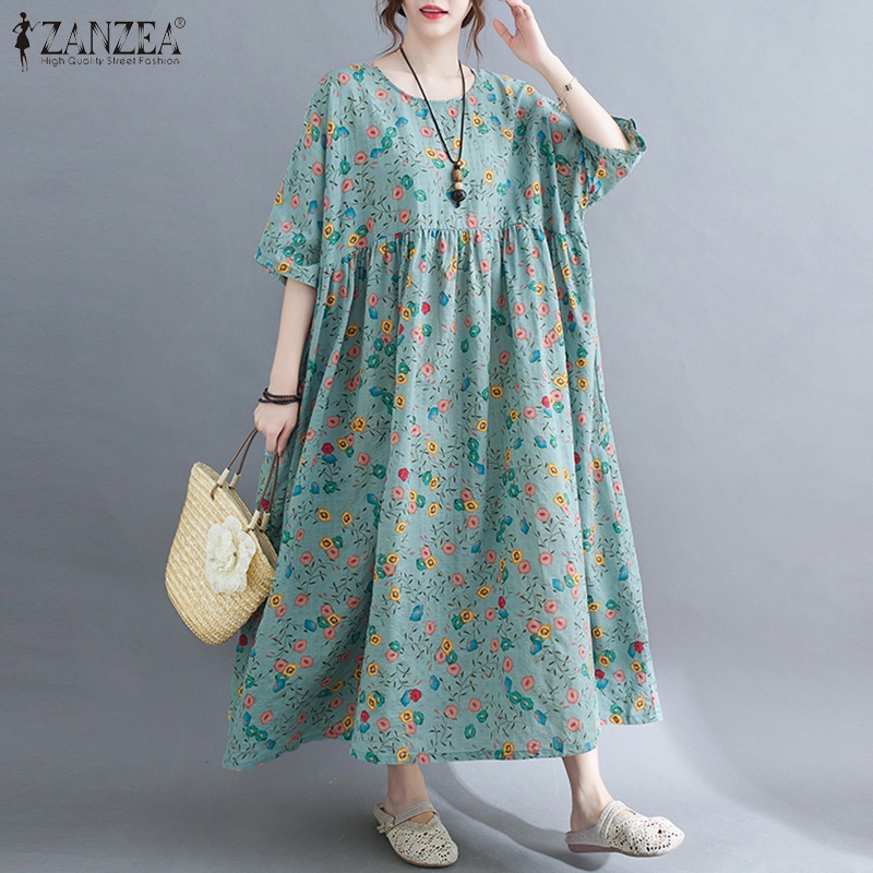 ZANZEA Women Fashion Casual Floral Printed Short Sleeve Holiday Loose Long Dress