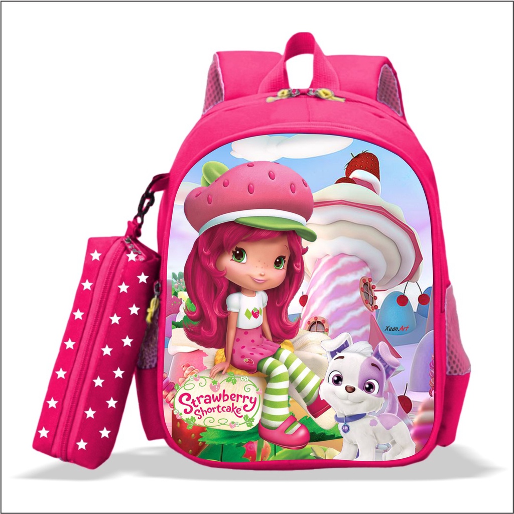 Tas Ransel Sekolah Anak Perempuan TK dan SD PREMIUM Karakter STRAWBERRY SHORTCAKE 2in1 Gratis Tempat