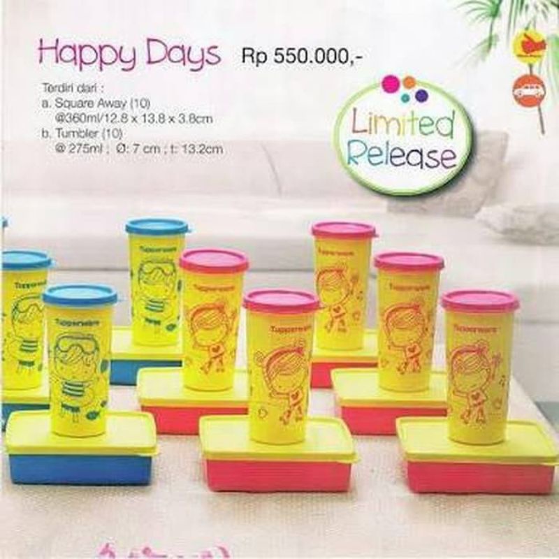 HAPPY DAYS TUPPERWARE 1 SET ECER ( SQUARE AWAY 360ML + TUMBLER 275ML ) +  FREE HANG ON SPOON / SENDO