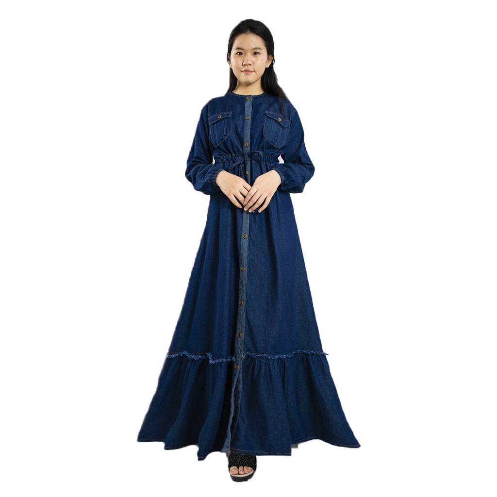 SB Collection Dress Maxi Lifa Gamis Long Casual Payung Jeans Wanita