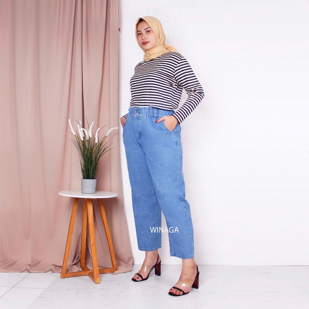 WINAGA- HighWaist Boyfriend Jeans Jumbo Pinggang Karet Kancing 2