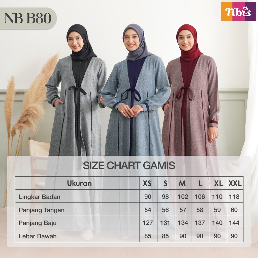 Nibras Gamis NB B80 Bahan Atreo Mix Toyobo Dress Polos simpel Muslimah Gamis Combinasi pita