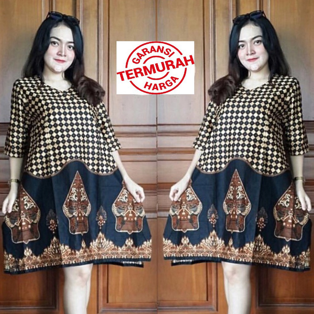 PROMO Atasan Dress Tunik Batik Wanita - Tunik Batik Gunungan Sogan