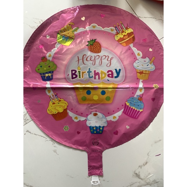 Balon Foil Bulat Happy Birthday motif kue tart