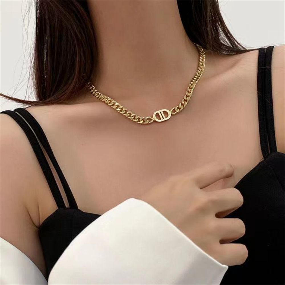 MXBEAUTY Simple Female Sweater Chain Retro Metal Bracelet Korean Style Necklace Thick Chain Luxury Jewelry Gift Letter DD Personality Temperament Metal Clavicle Chain