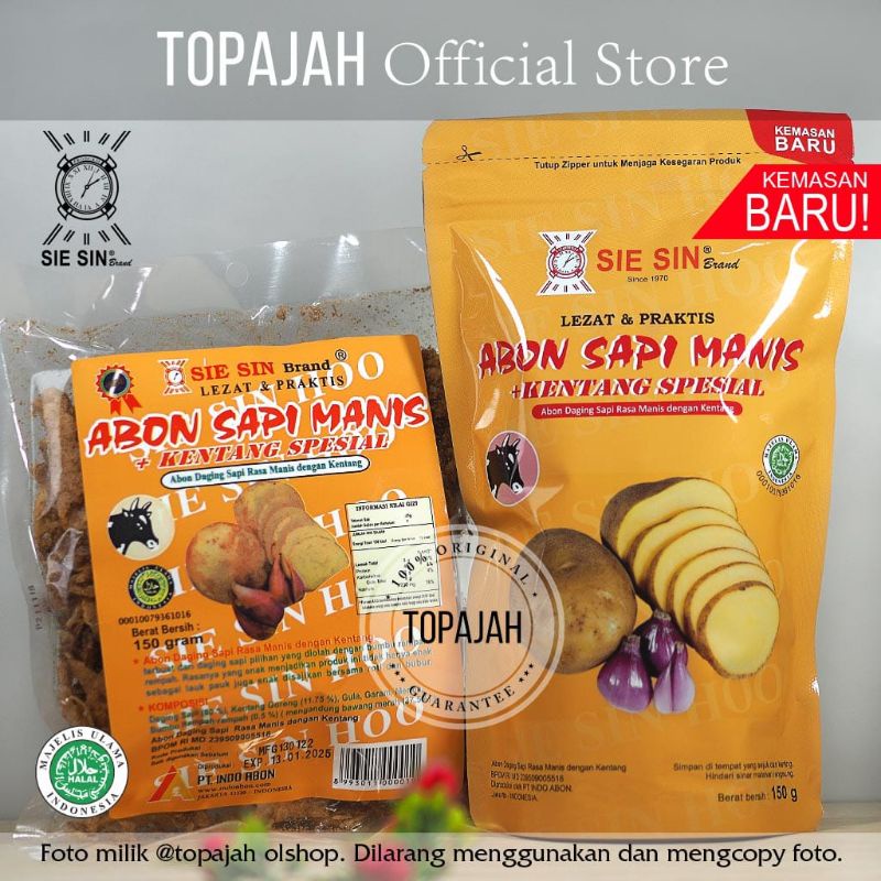 

Abon sapi spesial kentang manis/pedas ”SIE SIN” 150gr HALAL.