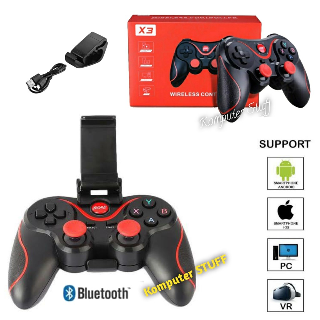 Game Pad Joystick X3 Bluetooth Controller Di HP Android IOS Smart Tv Box + Holder