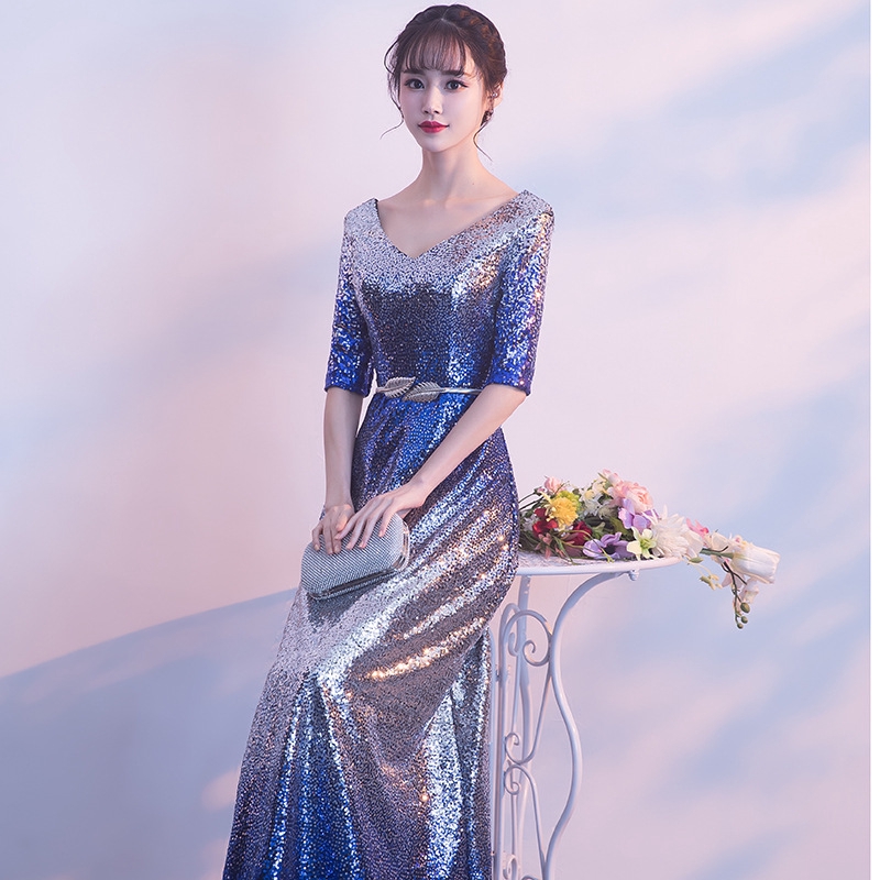 Baju Pesta Panjang Wanita Murah Mewah Elegan Gratis Ongkir 2019 Banquet Long Paragraph Sequins Noble