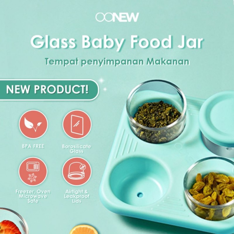 Oonew Glass Baby Food Jar with Silicone Tray Tempat MPASI - 90 ml x 4 pcs