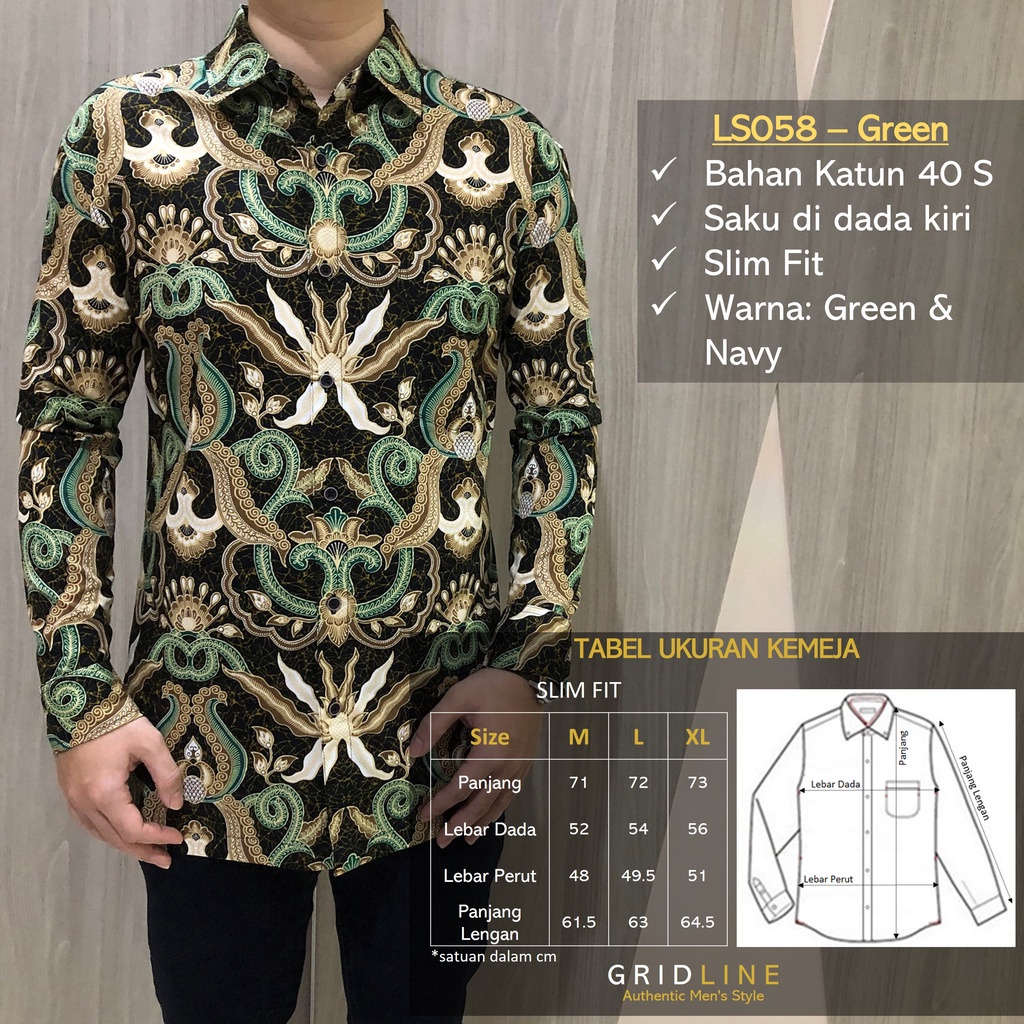 [GRIDLINE - LS058 Green Navy &amp; LS002Maroon] Baju Kemeja Batik Slimfit Pria Lengan Panjang FULL KATUN