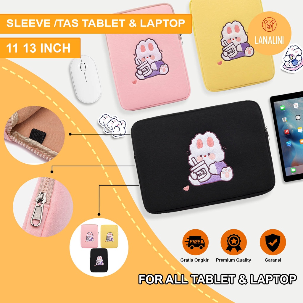 Sleeve Pouch Sarung Tas Bag Case Ipad Tab Tablet Macbook Air Pro Laptop Asus Acer Lenovo HP Huawei 11 12 13 14 15 inch Motif Gambar Kartun Rabbit Bunny Kelinci Warna Hitam Black Kuning Yellow Pink Cute Murah Korean Model Premium Untuk Kuliah Kerja Sekolah