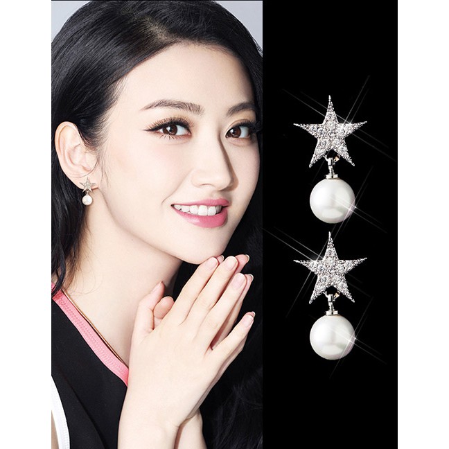 LRC Anting Tusuk Trendy Silver Color Stars&amp;pearls Decorated Pure Color Earrings E03809