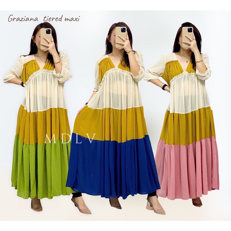 MDLV ~ 07780# Graziana Tiered Maxi Dress Ombre Plisket Long Dress