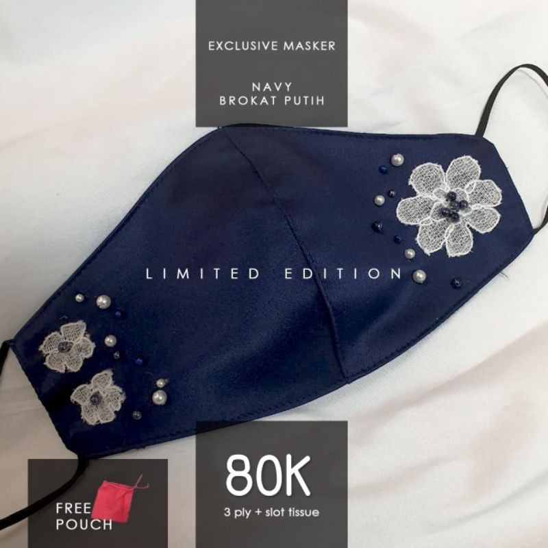 NAVY BROKAT PUTIH.. Masker Kain Brukat Premium.. Masker Fashion/Pesta/Wedding